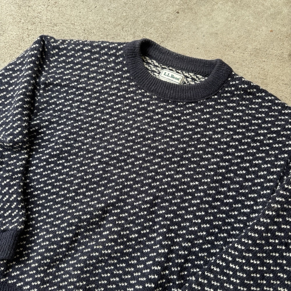 Vintage 80s LL Bean Birdseye Sweater Wool Norwegian Large Distressed Navy Blue - Picture 2 of 9